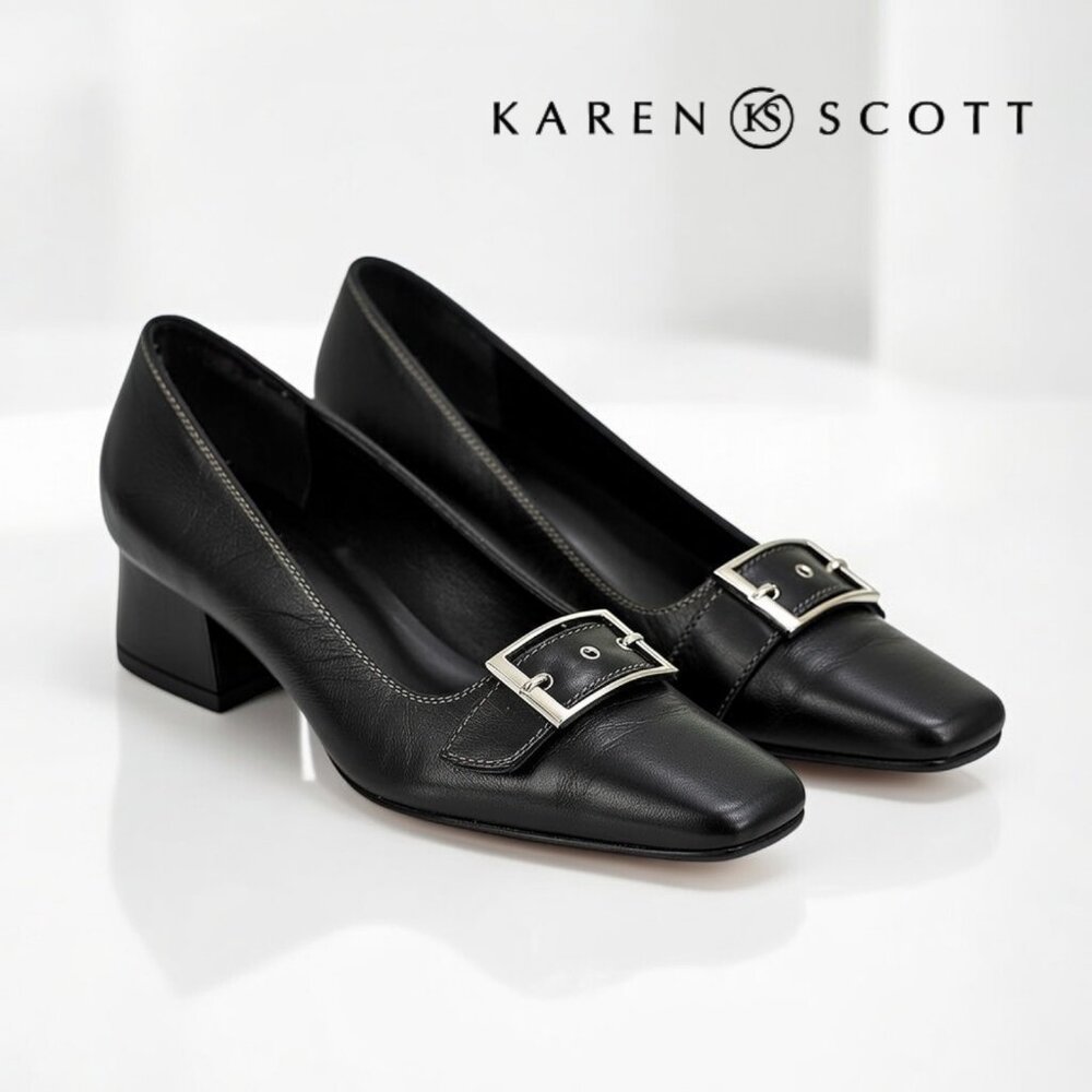 🌟Karen Scott Black Leather Block Heel Pumps Square Toe Buckle Professional 10M